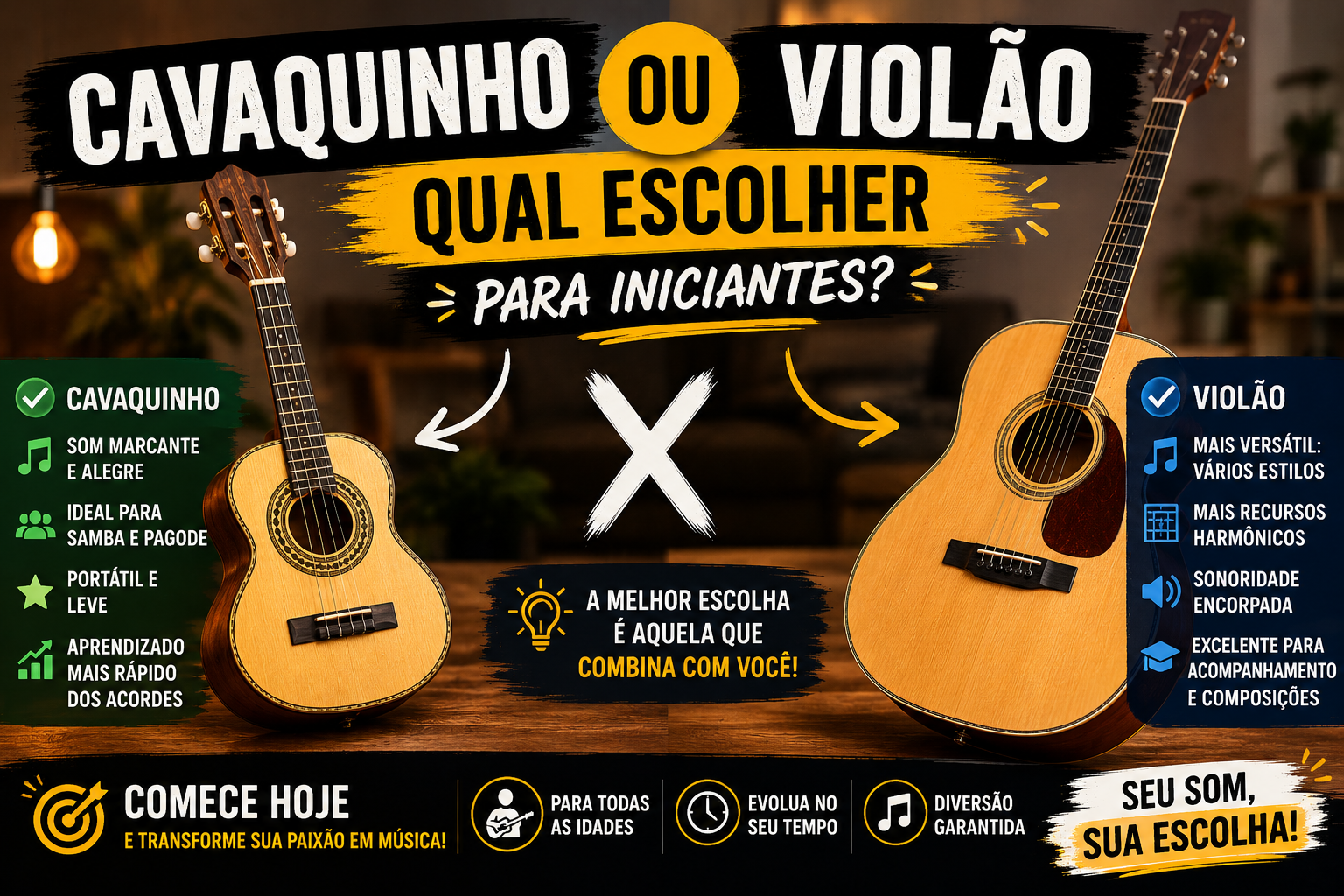 Comparação entre cavaquinho e violão para iniciantes, mostrando os dois instrumentos lado a lado e destacando suas principais características.