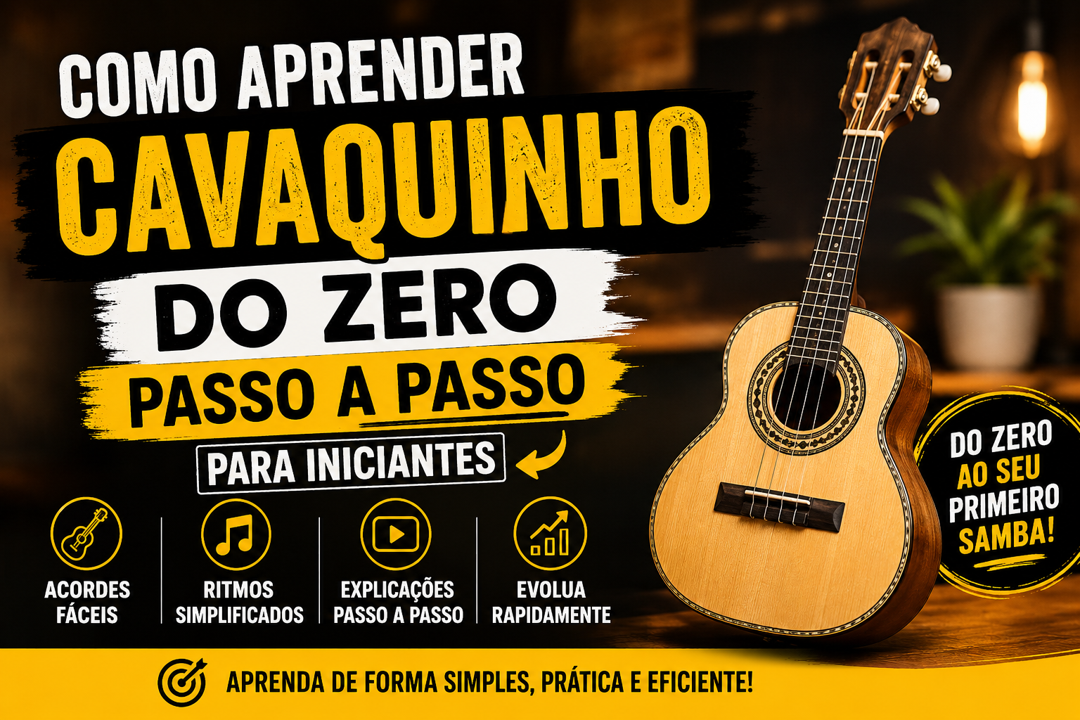 Pessoa aprendendo cavaquinho pela primeira vez, praticando acordes básicos e seguindo um método passo a passo para iniciantes.