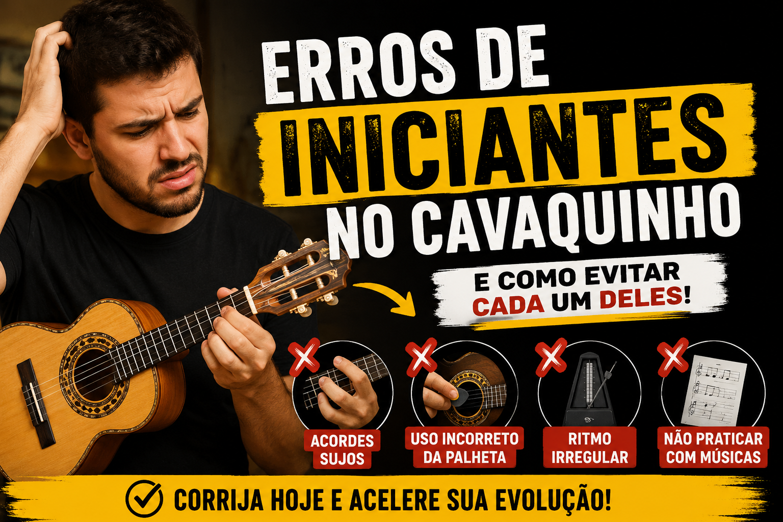 Músico iniciante com expressão de dúvida segurando um cavaquinho enquanto aprende acordes, ilustrando os erros mais comuns de iniciantes no cavaquinho.