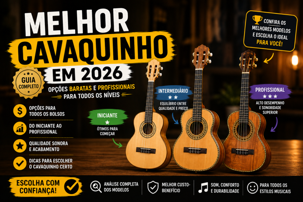 Comparação entre diferentes modelos de cavaquinho para iniciantes, intermediários e profissionais, destacando opções com bom custo-benefício em 2026.