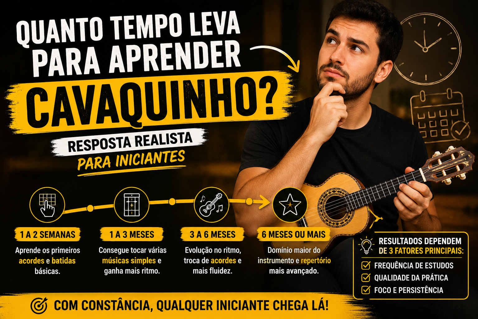 Iniciante segurando um cavaquinho e refletindo sobre o tempo necessário para aprender a tocar, com elementos visuais representando evolução e prática musical.