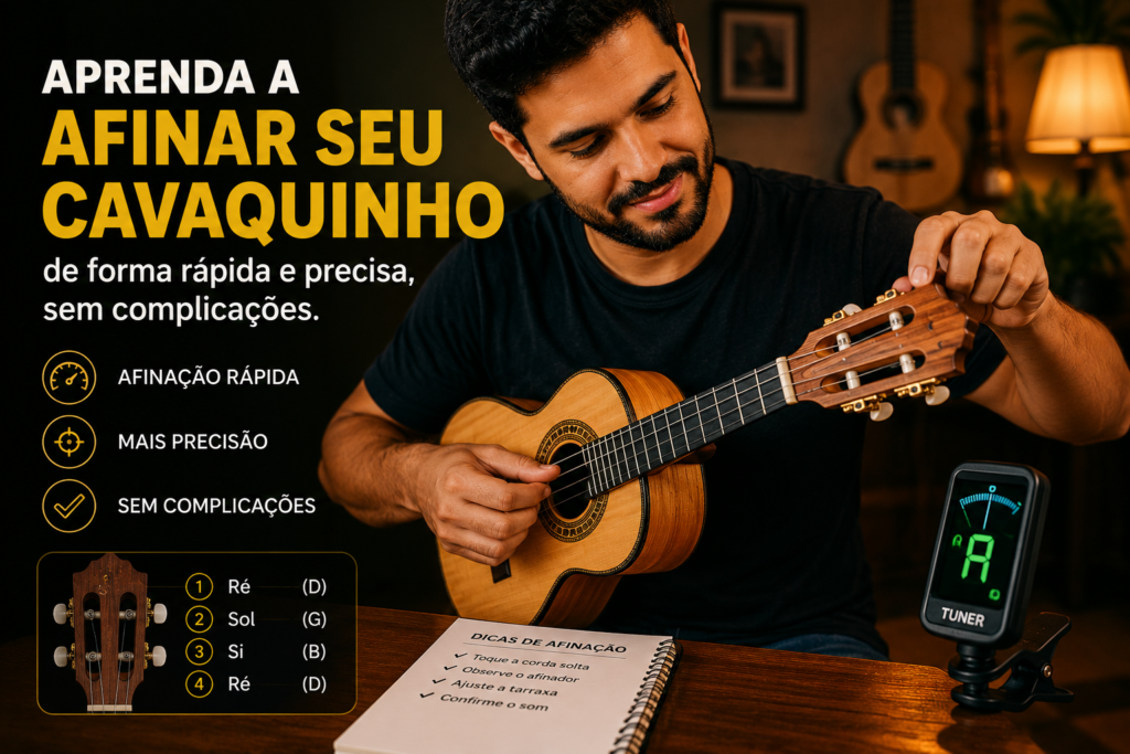 Pessoa afinando um cavaquinho com auxílio de afinador digital para obter uma afinação precisa.