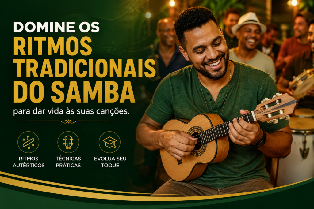 Músico tocando cavaquinho em uma roda de samba enquanto aprende ritmos tradicionais brasileiros.