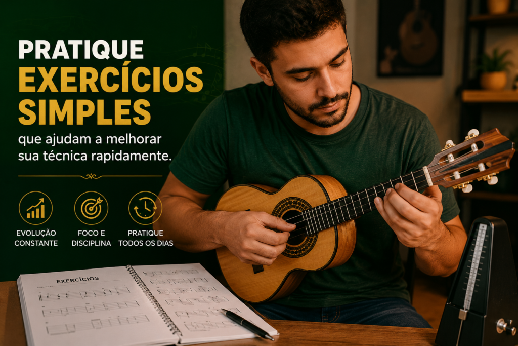 Aluno praticando exercícios de cavaquinho com partitura e metrônomo para desenvolver técnica e coordenação.